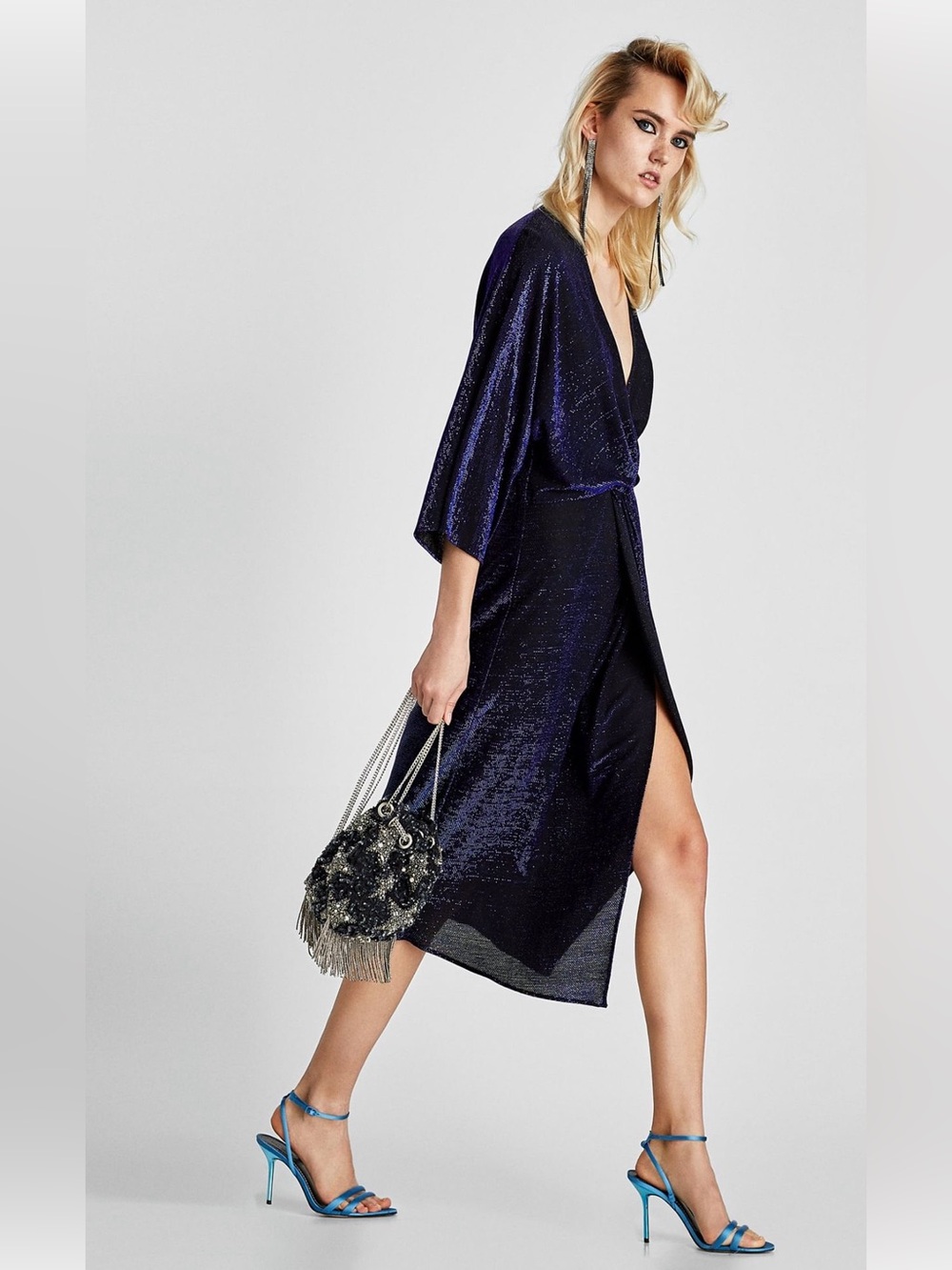 Zara Blue & Black Metallic Shimmer Wrap Midi Dress - Size S NWT